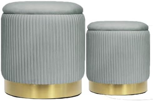Round Ottoman with Storage Set of 2 Upholstered Velvet Vanity Stool for Living Room Storage Ottomans Multifunctional Foot Rest (Light Grey)