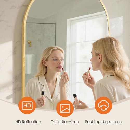 Sweetcrispy 38"x30" Arched Gold Bathroom Mirrors for Wall, Bathroom Mirrors for Over Sink, Metal Framed with HD Shatter-Proof Glass for Entryway, Living Room, Bedroom, Home Decor - color: Gold, size: 30"L x 38"W