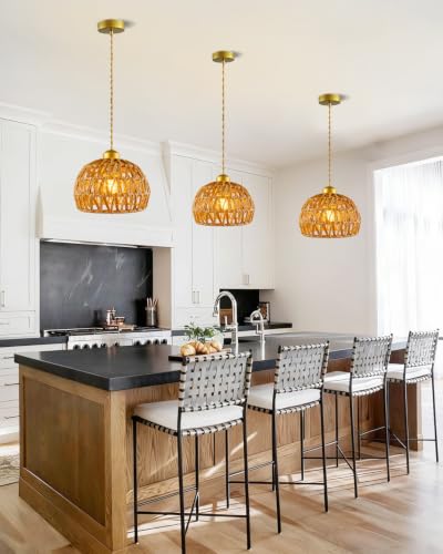 Rattan Pendant Light Fixtures, 7.6” Boho Woven Basket Pendant Light, Handmade Wicker Hanging Lamp, Rustic Wicker Chandelier for Kitchen Island, Dining Room, Living Room, Bedroom, E26 Base - color: 7.67″-Round