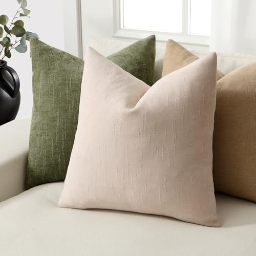 Set of 2 Textured Throw Pillow Covers Decorative Soft Accent Square Chenille Pillowcases Neutral Farmhouse Cushions Modern Home Decor for Couch Sofa Bedroom Living Room 18x18 Inch, Beige - color: Beige, size: 18" x 18" (Pack of 2)