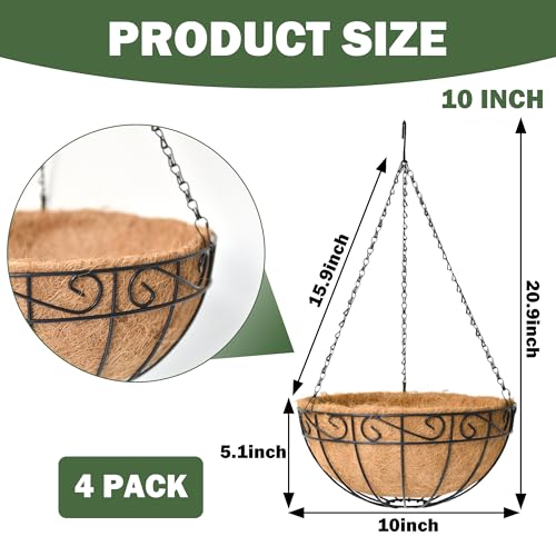 4 Pack 10 Inch Hanging Baskets for Plants Outdoor Metal Hanging Planter Basket with Coco Coir Liner Hanging Flower Baskets Hangings Flower Pots Holder for Garden, Patio(Flower) - size: 10 Inch, style: English