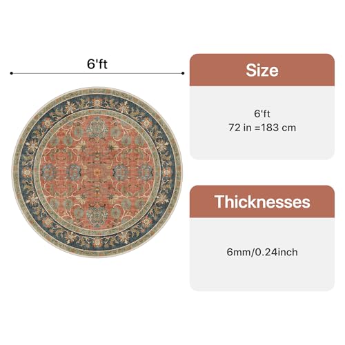Bavni 6ft Floral Round Rugs for Living Room, Vintage Distressed Accent Circle Rug, Machine Washable Rug Non Slip Stain Resistant, Low Pile Thin Soft Coral Blue Carpet for Bedroom, Dining Room, Nursery - color: Coral Blue, size: 6' (Round)
