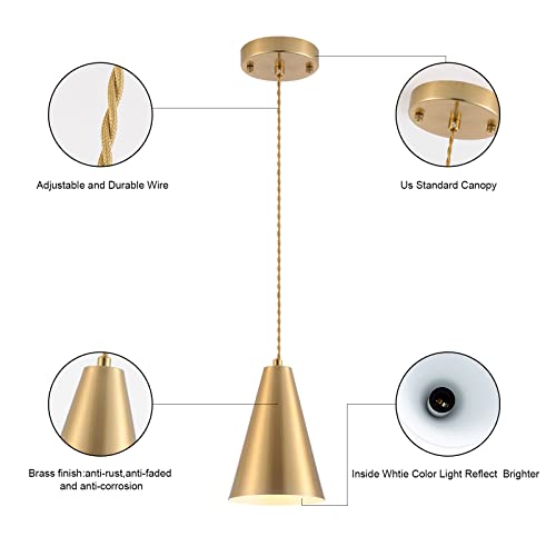 Gold Pendant Lights Kitchen Island,Dining Room Light Fixtures Over Table 3 Pack with Brushed Brass Cone Metal Shade, Modern Farmhouse Mini Chandeliers,Adjustable Cord Hanging Lighting for Bar,Sink - color: 3Pack Gold