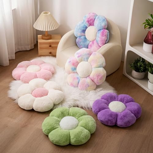 2 Pcs Flower Floor Pillow, Daisy Flower Shaped Pillows Set, Cute Green Decorative Throw Pillows Floor Cushions for Girls Bedroom Bed Couch Preppy Room Decor (White & Green, 15 INCH) - color: White & Green