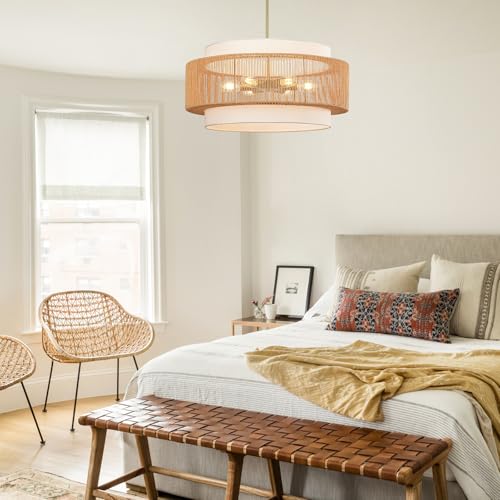 25.6" Rattan Chandelier, 6-Light Large Rattan Pendant Light with Fabric Lampshade, Farmhouse Boho Light Fixture Ceiling Hanging for Dining Room, Living Room, Bedroom, Kitchen Island, Hallway, Foyer - size: 25.6" Straight weaving