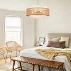 25.6" Rattan Chandelier, 6-Light Large Rattan Pendant Light with Fabric Lampshade, Farmhouse Boho Light Fixture Ceiling Hanging for Dining Room, Living Room, Bedroom, Kitchen Island, Hallway, Foyer - size: 25.6" Straight weaving