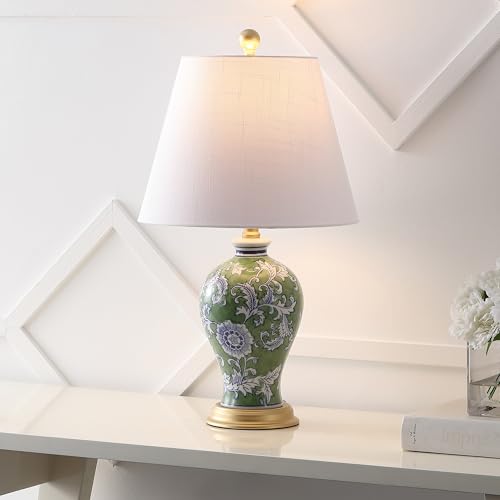 JONATHAN Y 24" Green/White French Country Ceramic Floral Urn Table Lamp, White Linen Shade, Chinoiserie Ginger Jar Bedside Lamp for Living Room Bedroom, LED Bulb (JYL3009F) - color: Green/White