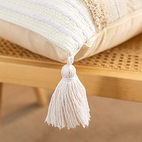 Boho Cotton Handwoven Throw Pillow Covers Tufted Decorative Cushion Covers for Bedroom Living Room Sofa Farmhouse Square Fringed Throw Pillow Case (Cream, 20"x20") - size: 20" x 20" (Pack of 1)