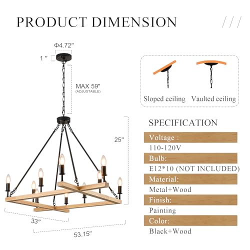 Farmhouse L53'' Wooden Square Chandelier Natural 10-Light Rustic Rectangular Candle Chandeliers Long Ceiling Pendant Lighting for Living Dining Room Foyer Kitchen Bedroom High Ceiling,E12 - color: Natural, size: 53 inches