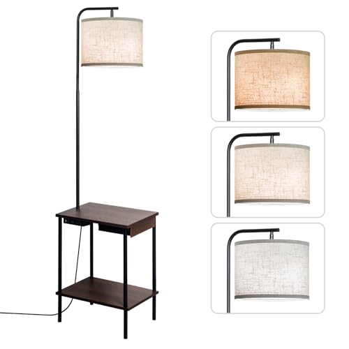 EOEYYOYB Floor Lamp with Table & Drawers, End Table Lamp with USB Charging Portt Power Outlet and Shelves, Side Table Reading Light with 3 Color Temperature Led Bulb Included for Living Room, Walnut - color: Walnut (with Drawer)