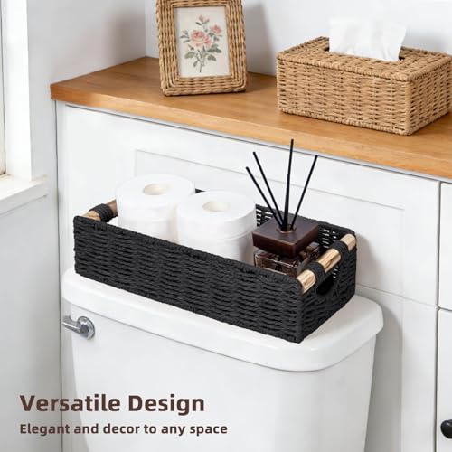 CubesLand Back of Toilet Storage Basket for Organizing w/Cut Out Handle, Handwoven Toilet Tank Top Paper Baskets, Small Wicker Decorative Basket for Countertop, Home, Living Room, Nursery, Black - color: Black, size: S-12.99" (L) X 6.29" (W) X 3.15" (H)