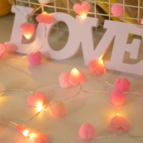 ChiRee 9.85Ft String Lights with 20 Pink Heart LEDs 20 Pink Pom Poms Garland Lights with Timer Valentine Decoration for Home Kid Bedroom Mother's Day Wedding Party Valentine's Day Decor - style: Pink-Pink Heart
