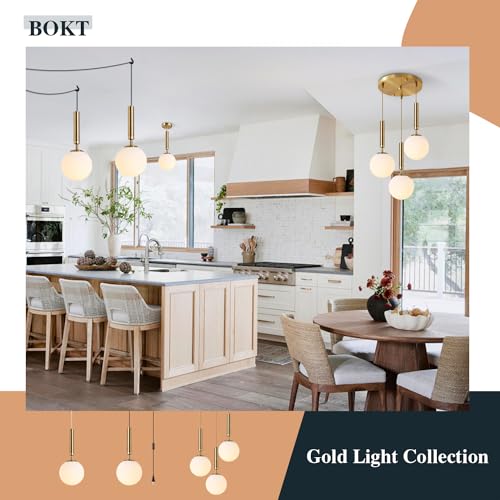 BOKT Mid Century Modern Large Gold Globe Hanging Pendant Light Plug in Brushed Brass White Glass Hanging Lamp Plug in Cord Minimalist Sphere Round Pendant Lighting (Gold-Plug in) - color: 1-Gold-Plug In