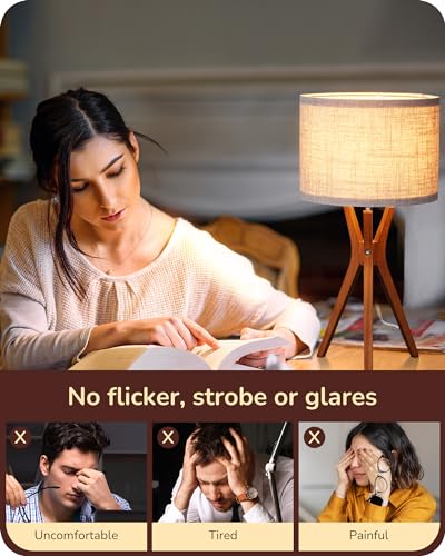 EDISHINE Mid Century Table Lamp, 17.5" Tripod Bedside Lamp with Deep Wood Color Light Base & Beige Linen Lampshade, Nightstand Lamp for Bedroom, Living Room, Reading Room, E26 Base - color: Dark Wood