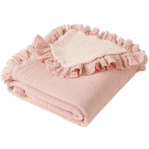 Konssy Flounce Muslin Baby Blanket for Girls Boys, 100% Cotton Soft Crib Swaddle Blankets, Reversible & Breathable Nursery Bedding for Newborns Toddlers, 43 x 39 Inches (Pink) - color: Pink, size: 43"x39"