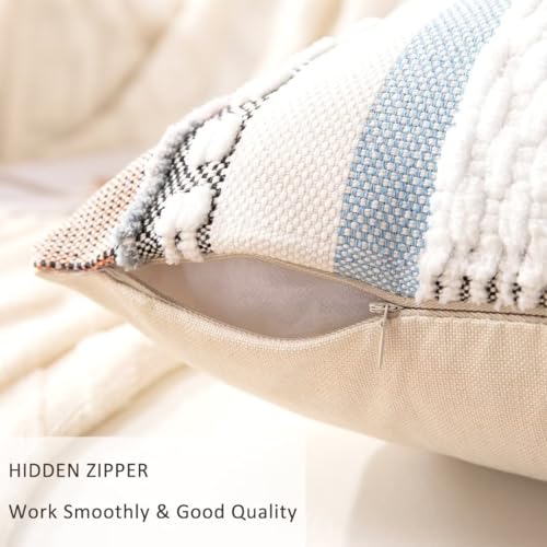 Boho Throw Pillow Covers 18x18 Set of 2 Farmhouse Decorative Cushion Case Striped Square Pillows Cover Chenille Pillow Cases Accent Neutral Pillowcase for Sofa Couch Bed,Orange-Blue - color: Orange-blue Stripe