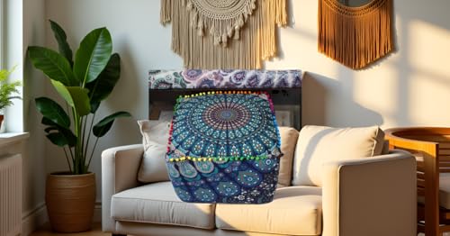 CRAFT KALA Indian Square Patchwork Traditional Pouf Cover Indian Living Room Pom Poufs Cover Decorative Designer Ottoman Home Living Footstool Chair Cover Ottoman Decor 18X18X14 inches, Blue Mirchi - color: Blue Mirchi