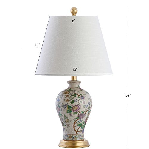 JONATHAN Y 24" Multi-Colored/Gold French Country Ceramic Floral Urn Table Lamp, White Linen Shade, Chinoiserie Ginger Jar Bedside Lamp for Living Room Bedroom, LED Bulb JYL3009A - color: Multicolor