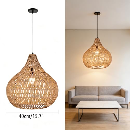 Pendant Light Fixtures Black Boho Chandelier 15.7-inch Rattan Shade Dome Light Fixtures Mid Century Farmhouse Pendant Lamps for Dining Room Kitchen Island Over Table, 1-Light - color: Black Rattan, 15.7", 1-Light