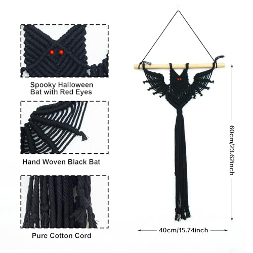 HVEST Gothic Halloween Bat Macrame Wall Hanging Boho Decor Horror Black Bat, Handmade Woven Tapestry for Bedroom Spooky Halloween Macrame Wall Decor for Living Room Decorations, 22.6L X 15.6W - color: Dark