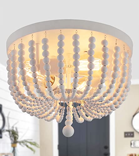 Q&S White Boho Beaded Chandeliers Flush Mount Ceiling Light,3-Lights Small Chandelier Light Fixture for Bedroom,Kitchen,Dining Room,Living Room,Stairway Gazebo - color: Ceiling-3WH