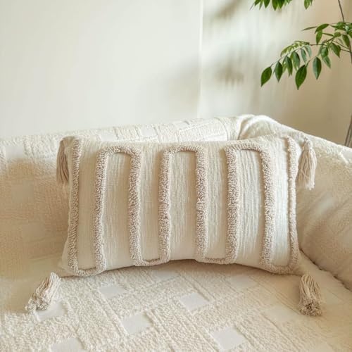 vctops Boho Throw Pillow Cover Farmhouse Tufted Embroidery Cream Decorative Cushion Pillow Covers Shabby Chic Square Accent Pillowcase for Bed Sofa Living Room (Type F,12"x20") - color: Type F, size: 12"x20"