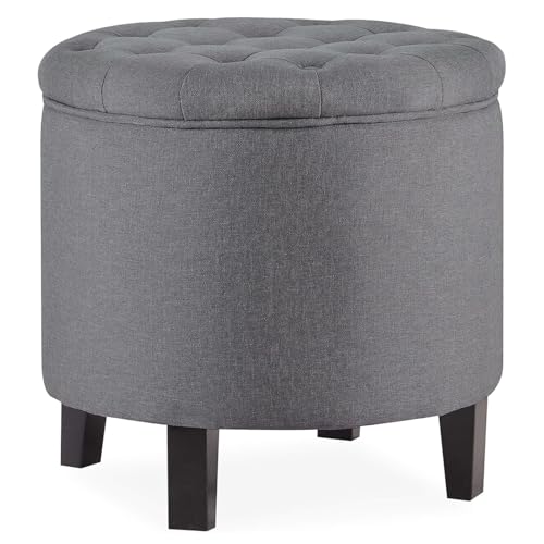 BELLEZE Modern Tufted Accent Storage Ottoman, Small Upholstered Button Circle Pouf Footstool with Lift Top, for Bedroom Living Room Vanity - Gray - color: Grey