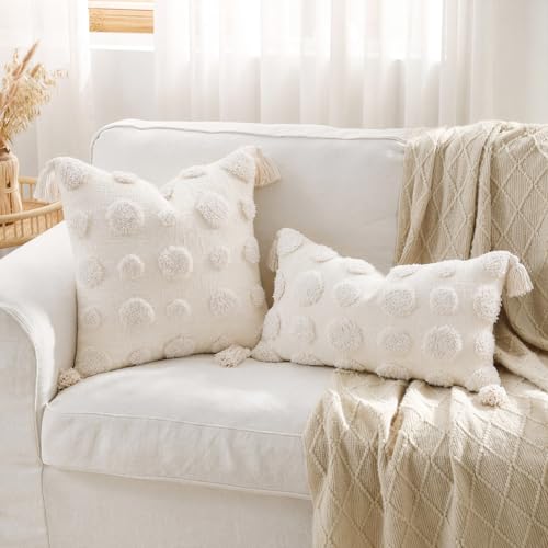 PANOD Super Soft Farmhouse Decorative Plush Throw Pillow Covers 20 x 20 White,Solid Pom pom Tufted with Tassels Modern Accent Boho Square Cushion Cover Pillow Case for Couch Sofa - color: White, size: 20" x 20" (Pack of 1)