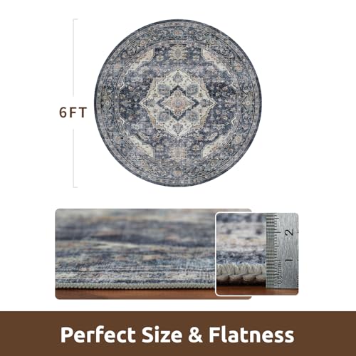 AMOAMI-6FT Round Rug-Rugs for Living Room-Vintage Soft Blue Rugs for Bedroom-Non Slip Circle Rug-Machine Washable Rug for Dining Room Living Room Bedroom Office Under Table - color: Blue, size: 6' (Round)