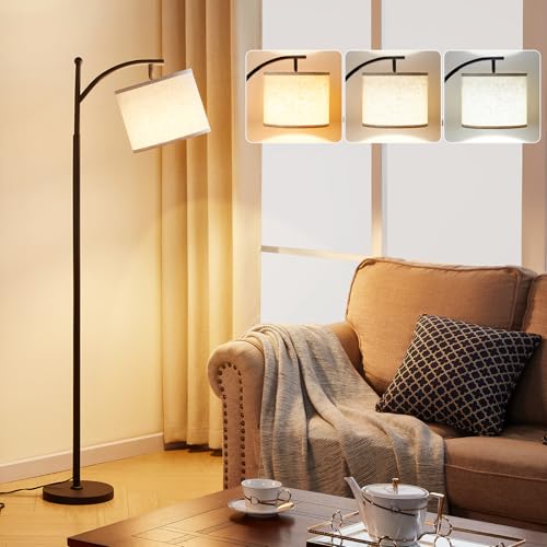 Ambimall Tall Floor Lamps with 3 Color Temperatures Bulb & Adjustable Linen Shade, for Living Room, Bedroom, Office, Classroom, Dorm Room (9W Bulb Included), Beige & Black, 60" - color: Beige & Black