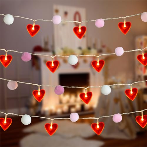 ChiRee Red Heart String Lights 9.85 Ft Valentines Light with 20 LEDs 20 Pink Pom Poms Garland Lights Battery Operated with Timer Valentines Decorations for Wedding Party Valentine Decor - style: Pink-Red Heart
