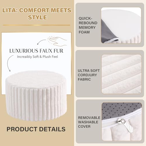 LITA Round Stuffed Pouf Ottoman, Corduroy Poufs with High-Density Foam Filling and Washable Cover, Furry and Fluffy Bean Bag Foot Stools Ottoman for Living Room, Bedroom, Office, Beige, Round - color: Round Corduroy Beige