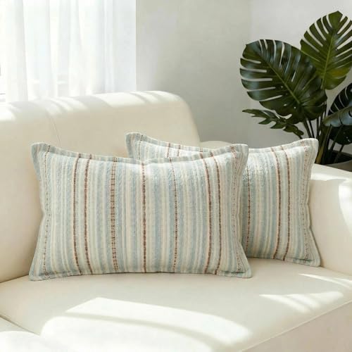 Mantle & Mason Boho Farmhouse Lumbar Pillow Covers 12x20 Set of 2, French Vintage Blush Pink Couch Pillow Covers, Jacquard Decorative Lumbar Pillow Cases for Living Room Decor - color: Stripe Blue, size: 20" x 12" (Pack of 2)