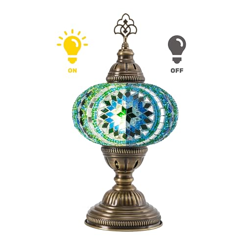 Turkish Mosaic Table Lamp with Bulb – Light Green Handmade Stained Glass Bedside Light, Authentic Turkish Boho Vintage Home Decor with E12 Socket - color: Light Green