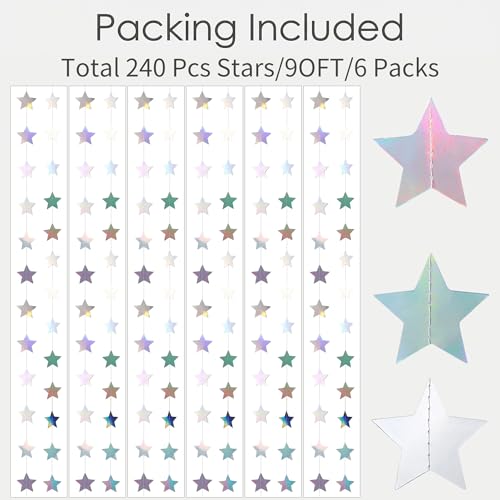 Iridescent-Star-Garland 90FT – 240 Pcs Sparkling Star Streamers-Hanging Glitter Star Banner Backdrop for Birthday, Baby Shower, Wedding, Christmas Party Decorations (6 Packs) - color: Iridescent