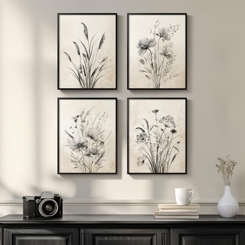 Framed Boho Vintage Botanical Wall Art, 4 Piece Black and White Floral Canvas Prints for Modern Farmhouse Bathroom, Natural Rustic Flower Artwork for Bedroom Kitchen Hallway Wall Decor, 11x14 - color: Misty - Black Framed, size: 11" W x 14" H x 4pcs