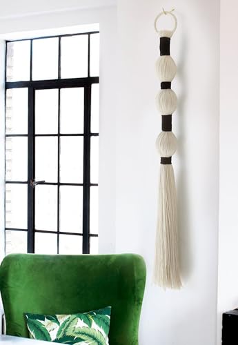 IOWER Macrame Wall Hanging Boho Wall Decor Small Sphericity Cotton Textile Tassel Hanging Fiber Yarn Art for Living Room Bedroom 27'' L x 2.3'' W - color: Ivory and Black