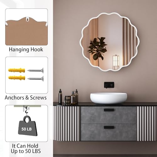 White Round Wavy Mirror for Wall 22 inch Nursery Mirror Decorative Metal Circle Mirrors Scalloped White Hanging Mirror for Bathroom,Bedroom, Dresser, Living Room,Entryway - size: 22"L x 22"W