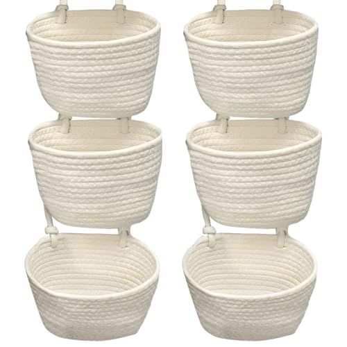 2 Pcs 3-Tier Woven Cotton Hanging Basket, Wall Mounted Storage Organizer, Boho New Home Basket, Over The Door Organizer for Bathroom, Bedroom, and Closet Organization