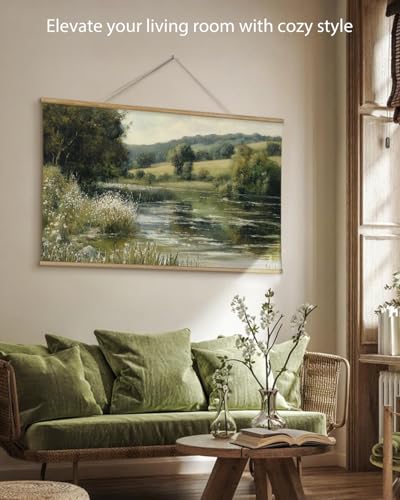 ARPEOTCY Extra Large Vintage Framed Wall Art, 36x54 Inch River Landscape Hanging Framed Canvas Prints Scroll Wall Art Decor for Living Room Bedroom, Retro Scenery Pictures Above of Bed - color: Lake Surface