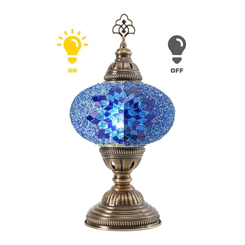 Turkish Lamp, Mosaic Table Lamp, Antique Moroccan Decorative Glass Bohemian Vintage Lamp Shade, Small Desk Tiffany Bedside Stained Glass Lamp with US Plug and E12 Socket - color: Blue-39