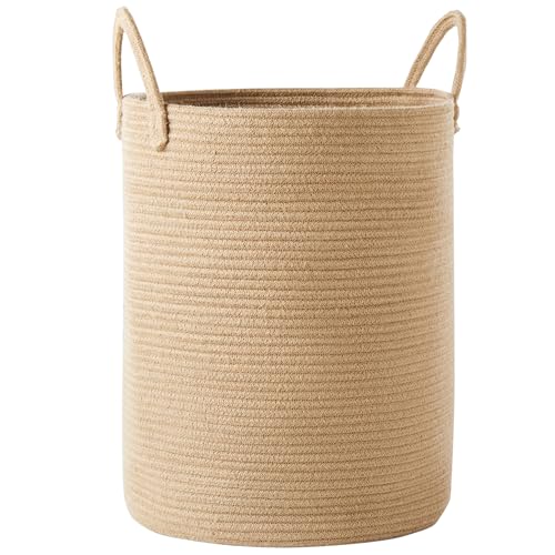 60L Jute Woven Laundry Hamper Basket Wicker Rope Clothes Hamper Tall Rattan Blanket Basket in Living Room Bedroom 15Dx20H Inches Large - color: Jute, size: Large (60L)