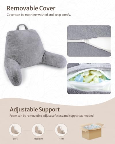 Blissful Diary Plush Velvet Reading Pillow for Kids/Teens/Adults, Back Rest Pillow for Sitting Up in Bed with Shredded Memory Foam, Includes Arms and Washable Cover, Light Gray - color: Velvet Light Gray, size: Standard(18inch)