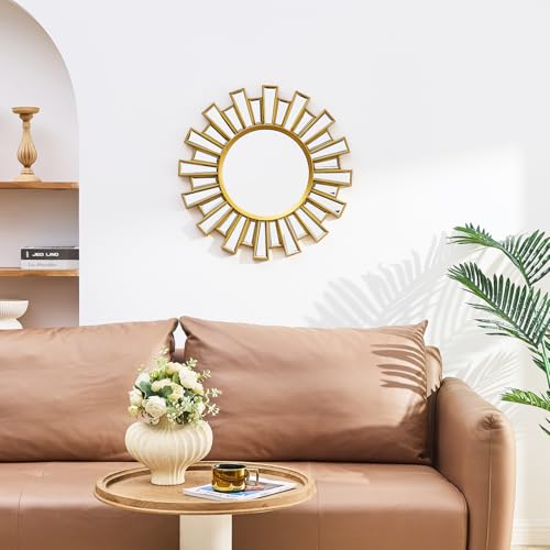 23.6" Sunburst Round Mirror, Gold Sun Decorative Wall Mirror, Design for Fireplace Mantel Foyer Entryway Bedroom, Modern Glam Sunflower Wall Art | Easy Hanging Wall Decor for Living Room - color: Sunflower Gold