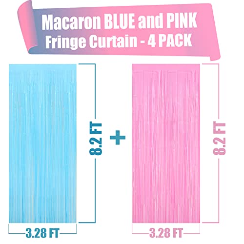 4 Pack Macaron Pink Blue Foil Fringe Curtain Backdrop, 3.28Ft x 8.2Ft Metallic Tinsel Foil Fringe Streamers for Photo Booth, Wedding Gender Reveal Backdrop Boy or Girl Birthday Party Decoration - color: Blue,Pink