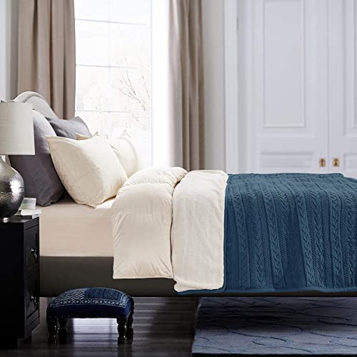 Longhui bedding Acrylic Cable Knit Sherpa Throw Blanket - Thick, Soft, Big, Cozy Grey Blue Knitted Fleece Blankets for Couch, Sofa, Bed - Large 50 x 63 Inches Gray Blue Coverlet All Season - color: Grey Blue, size: 50" x 63", Standard