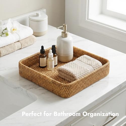 8.3" x 8.3" Wicker Tray, Woven Decorative Tray, Square Rattan Tray Bathroom Vanity Tray Catchall Organizer for Perfume Skincare Jewelry Coffee Bar Kitchen Counter Nightstand Living Room (Square S) - color: Natural Square S (8.3" × 8.3" )