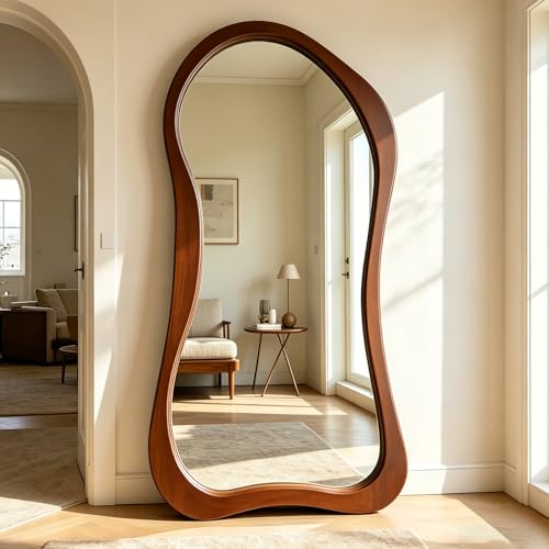 Irregular Full Length Mirror, 71"x33.5" Oversized Organic Floor Mirror with Solid Wood Frame, Large Asymmetrical Mirrors for Entryway Hallway Cloakroom Living Room, Leaning/Wall-Mounted - color: Walnut Wood Frame, size: 71"L x 33.5"W
