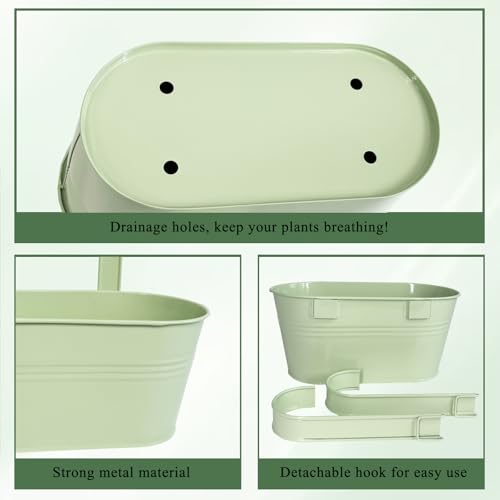 Balcony Hanging Planters Flower Pots, 10" Metal Flower Pots for Outdoor Balcony Rails, Fence Pot Hanging Plant Holders with Detachable Hooks for Garden Patio Yard Decor (Mint Green, 2Pcs) - color: Mint Green