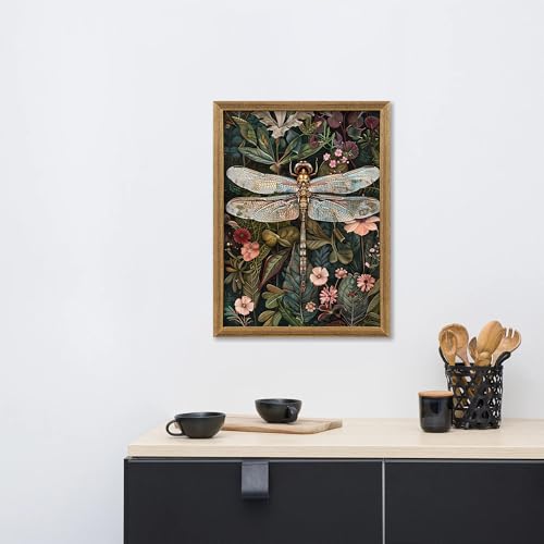 ICHZUMW William Morris Vintage Dragonfly Canvas Wall Art Framed, Green Botanical Wall Decor Pictures for Bedroom Living Room, Colorful Nature Painting Artwork Prints, Rustic Home Decorations, 12x16in - color: Dragonfly, size: 16"L x 12"W